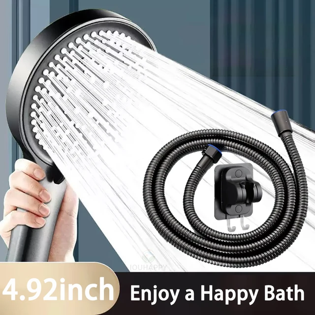 High Pressure Shower Head Set Water Saving Rainfall Spray Handheld 6 Jet Modes Shower Head with Hose Bathroom Accessories