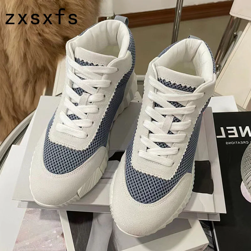 

High Top Mesh Couple Sneakers Spring Summer Unisex Thick Sole Lace Up Designer Flat Shoes Women Breathable Casual Lovers Shoes