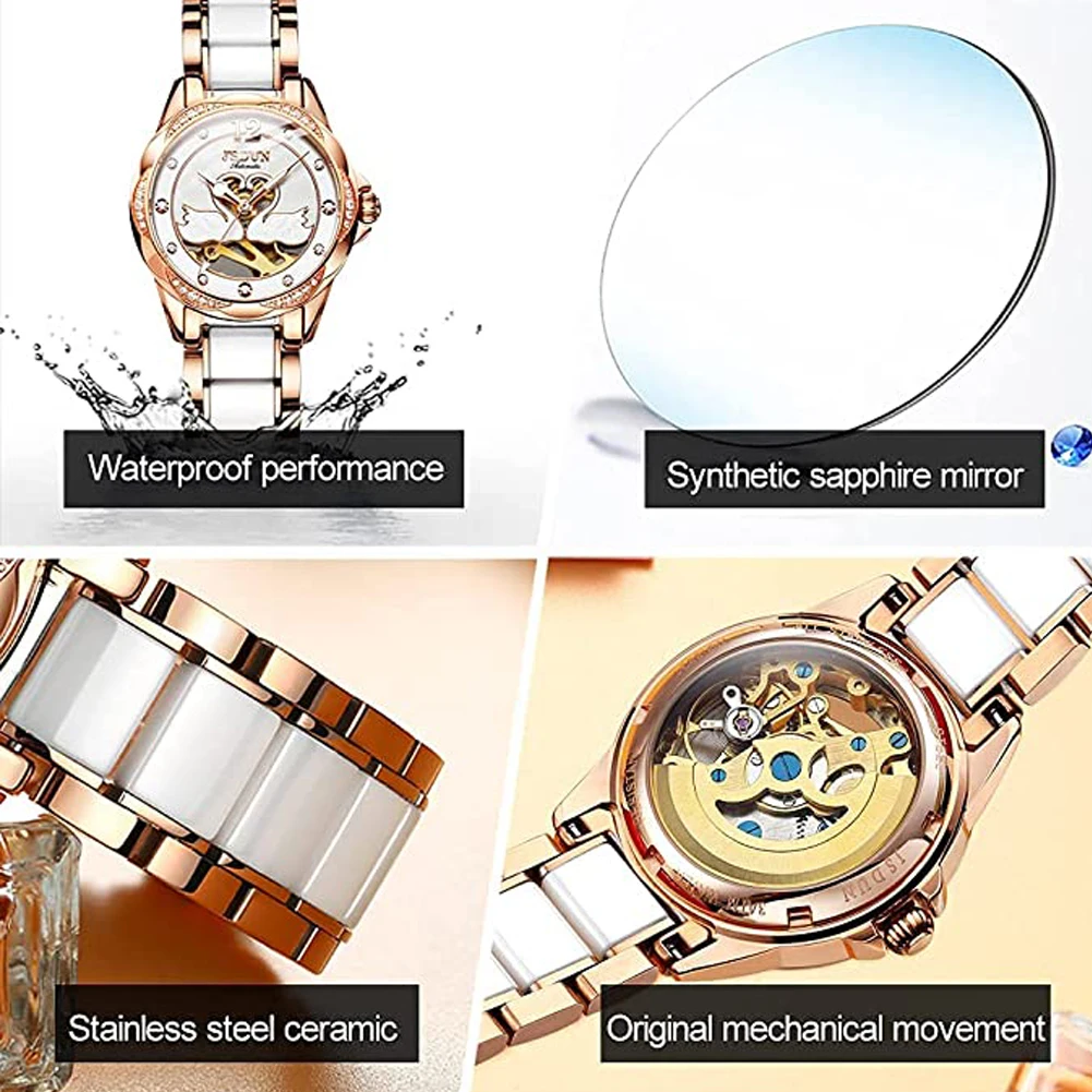 Luxury Mechanical Women Watch Love Swan Design Skeleton Elegant Ceramics Strap Waterproof  Ladies Wristwatch Girls Dress Watch