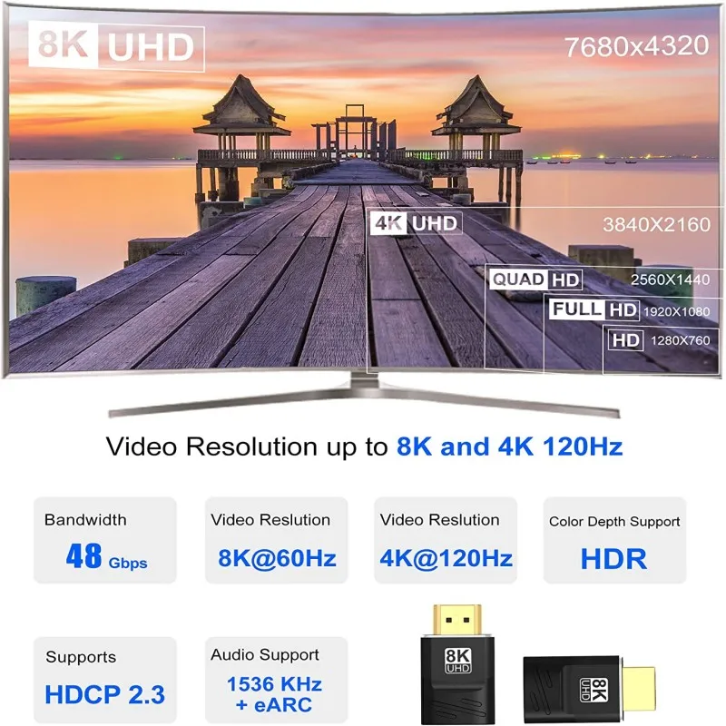 8K HDMI 2.1 Adapter Male to Female with 90/270 Degree Angles, 8K60Hz & 4K120Hz, 48Gbps High-Speed Connection
