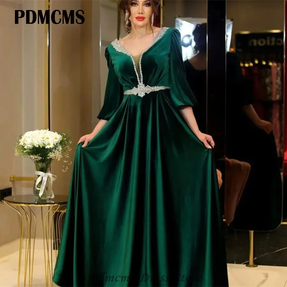 

PDMCMS Formal Occasion Evening Dresses Dubai Party Dress Green Velvet Long Sleeves V-Neck Floor Length Beaded Arabic Prom Gowns