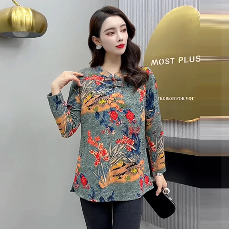 

Spring Autumn Chinese style long sleeve Fashion Sweet Shirt printing Disc buckle Blouse Female Women Tops