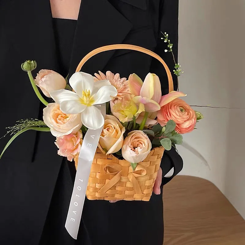 Hand Made Flower Basket Portable Handle  Basktes Organizer  Wicker Rattan Storage Box Kitchen Outdoor Pincnic Food Basket 6