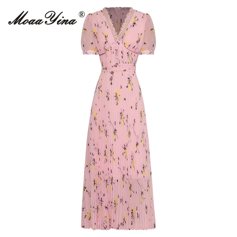 

MoaaYina Fashion Designer Summer Elegant Dress Women V-Neck Short Sleeve Hollow Out Lace Print Holiday Party Pleated Long Dress