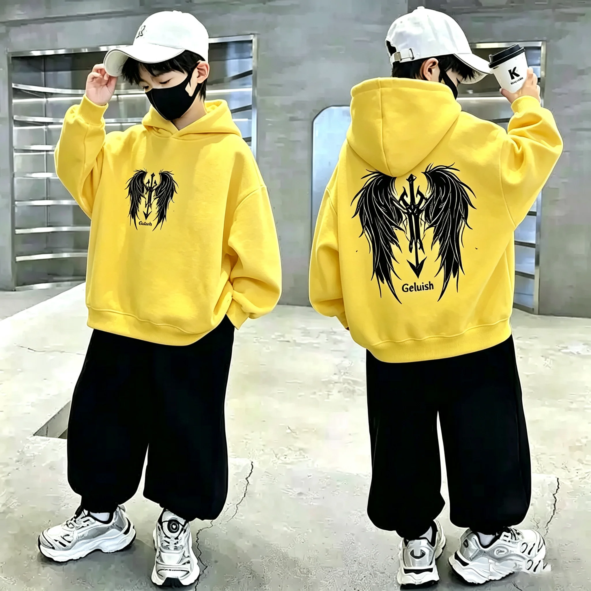Boys Hoodie Streetwear Angel Wings Trident Print Kids Loose Hooded Sweatshirt Casual Teen Pullover - 3