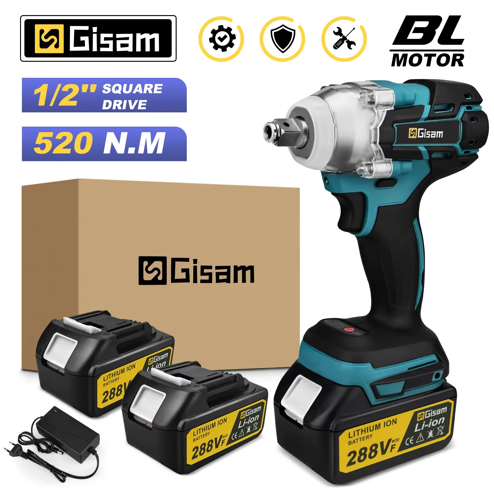 GISAM Chave de Impacto Elétrica Brushless 520N.m 1/2'', chave e parafusadeira sem fio, ferramenta compatível com pino de bateria Makita 18V