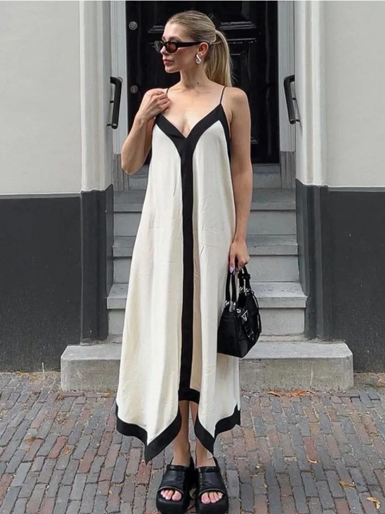 Patchwork Backless Halter Dress - Women's Sexy V-Neck Summer Party Maxi Gown