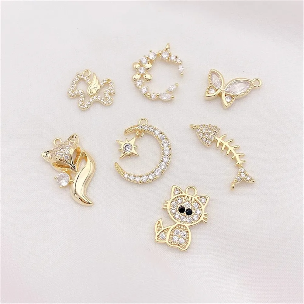 14K 골드 도금 마이크로 지르콘 문 나비 고양이 매력 펜던트 DIY 쥬얼리 용품 목걸이 팔찌 공예 액세서리 비즈