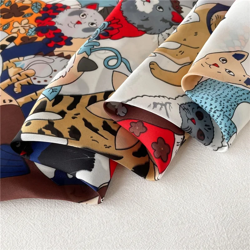 Luxury Brand Cartoon Cat Square Imitation Silk Scarf Spring and Summer Head Wrap For Women Multifunction Neckerchief