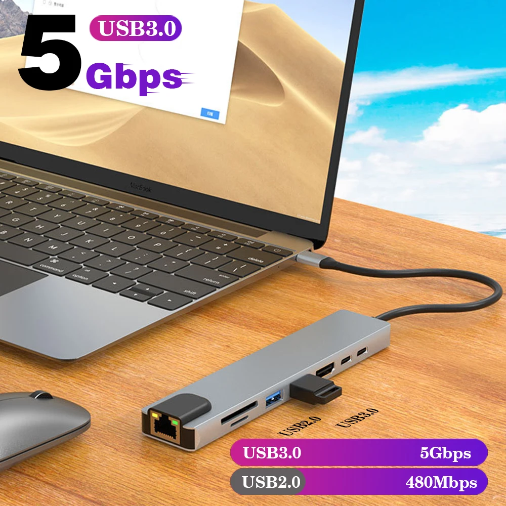 RJ45 100M/1000Mbps Ethernet to USB C Adapter Docking Station USB Type C to HDMI HUB 4K 30HZ VGA Headphone PD 100W USB3 Extencion 5