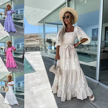 Abito con giunture in pizzo, abito casual con lacci a vita larga da donna 2025 Primavera ed estate New Fashion High Street Abbigliamento da donna