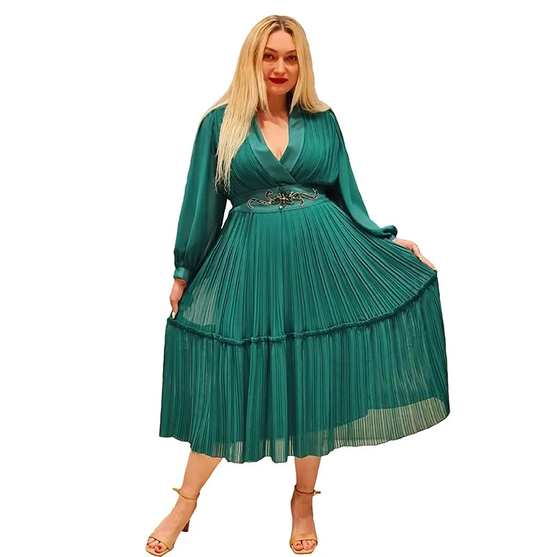 With Belt African Pleated Dresses for Women Summer Elegant African V-neck Long Sleeve Knee-length Dress Dashiki African Dresses spring summer thin knee skirts fashion casual loose vintage solid color dresses simplicity round neck pleated women s clothing