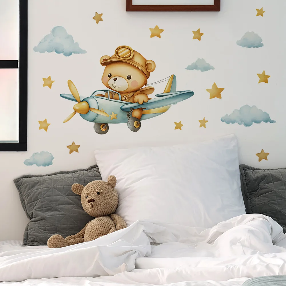 Cartoon Bear Airplane Wall Stickers Child Room Background Decoration Mural Kids Bedroom Home Decor Self-adhesive Nursery Decals