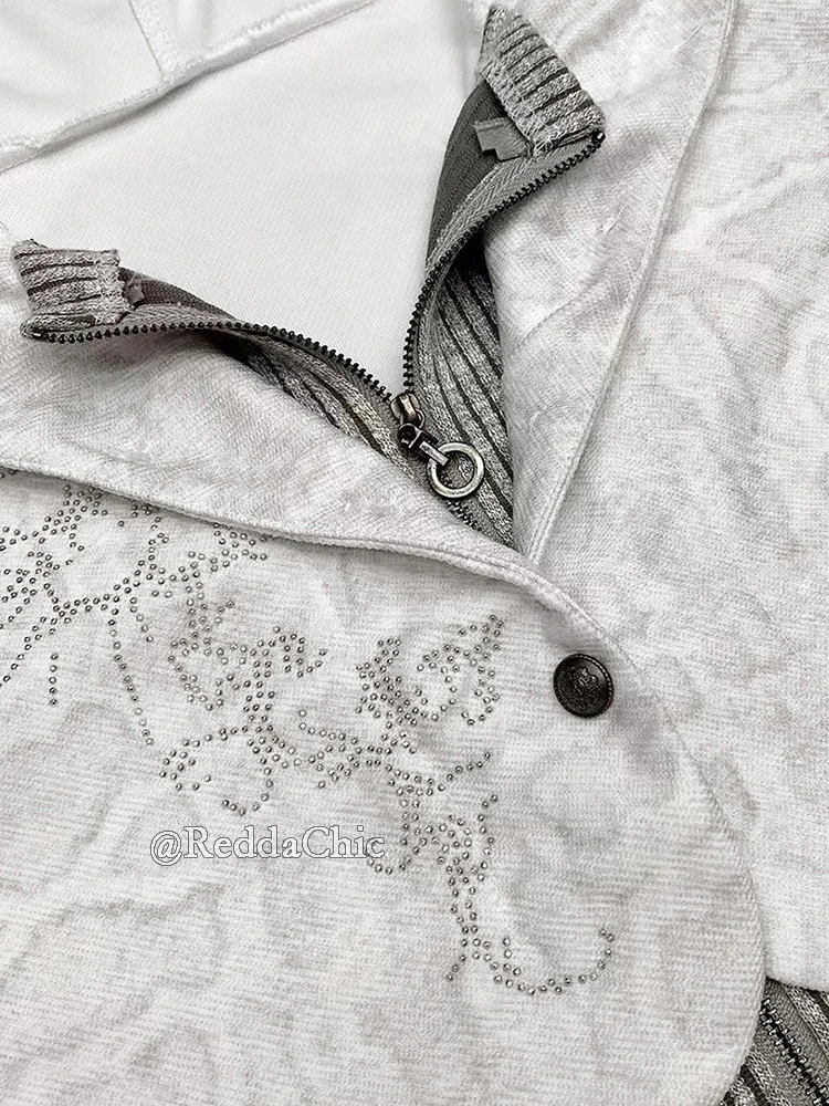 REDDACHiC Stitch Knit Lepard Hoodies Jacket Y2k Aesthetic Rhinestone Long Sleeve Top Zip Up Hooded Cardigan Vintage Fall Clothes