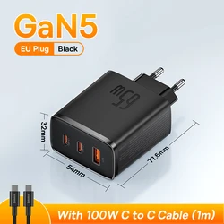 Baseus 65W GaN Portable Fast Charger - Type C USB with PD & QC Support - Black EU With Cable