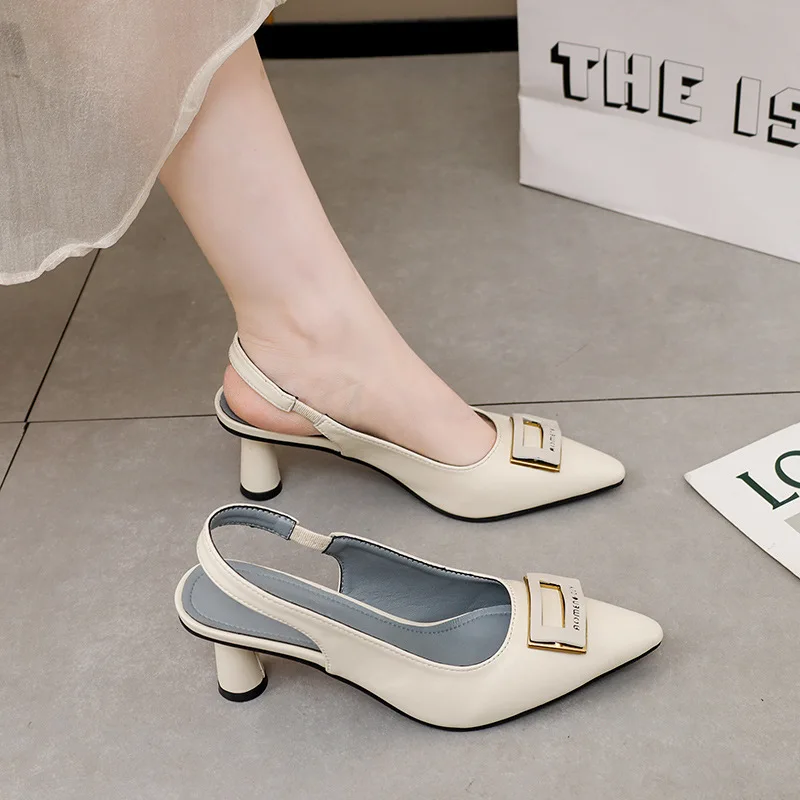 Sandalias de tacón alto para mujer, zapatos de piel sintética a la moda, de tacón grueso, para fiesta, 2024