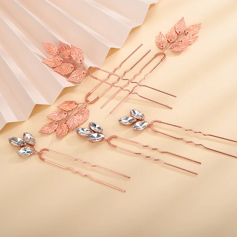 Vintage Gold Leaves 6PCS Hairpins Rhinestones Hair Clips Bridal Headwear Handmade Head Jewelry Tiaras Wedding Hair Accessories