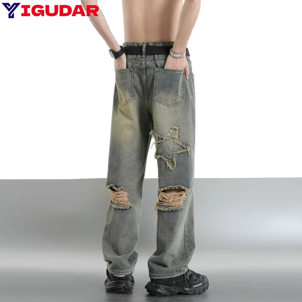 2023 Autumn Jeans Slim Hole Jeans For Men With Five-Pointed Star Ripped Jeans Street Casual Blue Denim Pants y2k streetwear