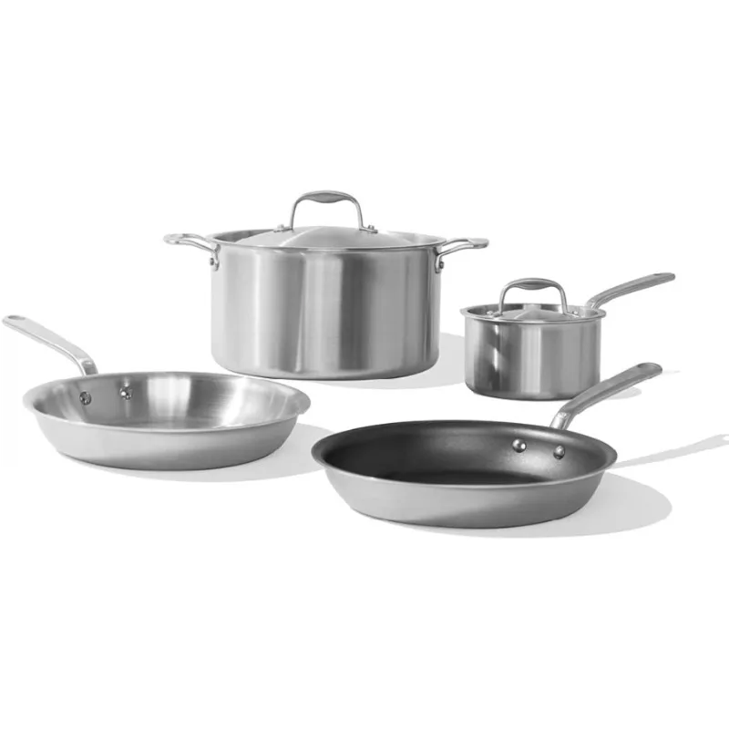 

6 Pc Stainless Steel Cookware Set - 5 ply Clad Includes Frying Pans,Saucepan,and Stock Pot - Professional Grade - Made in Italy