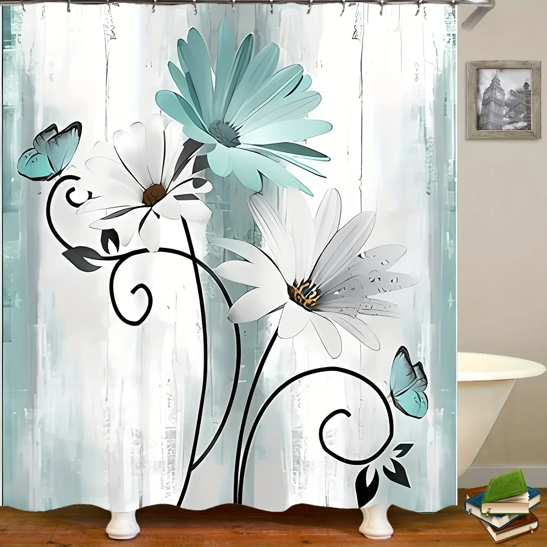 4pcs Floral Wooden Pattern Shower Curtain Set, Bathroom Rug, U-Shape Mat, Toilet Lid Pad, Waterproof Curtain With 12 Plastic , B
