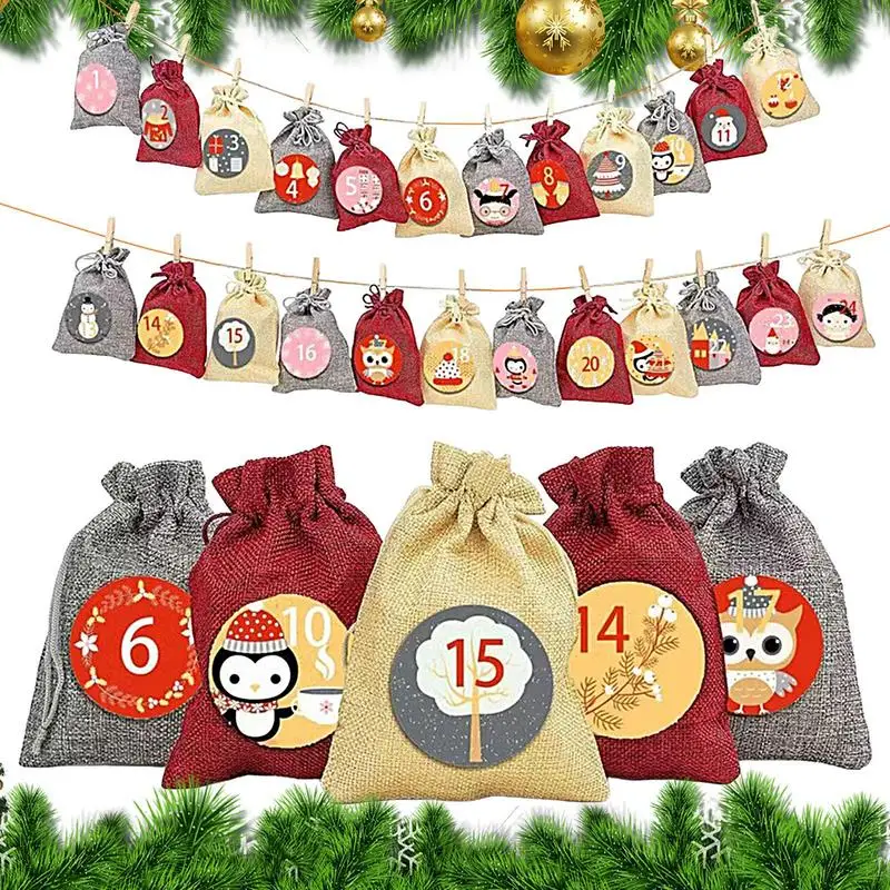

Новые рождественские сумки с календарем, календарь с обратным отсчетом на 24 дня, сумки на шнурке для подарков, деревянные Мини-зажимы Рождественский Декор