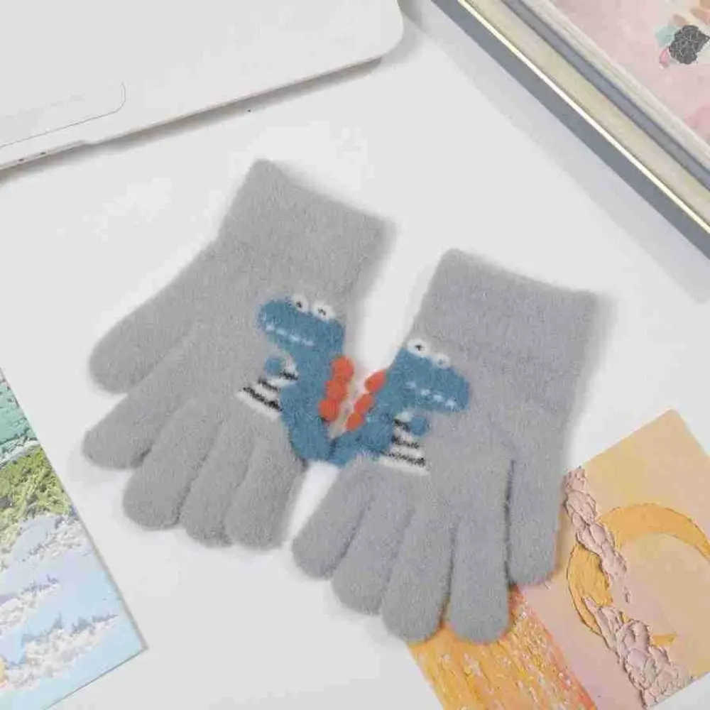 Children Knitted Gloves 4-9 Years Boy Girl Kids Winter Hand Warmer Thicken Woolen Five Finger Gloves Baby Mittens Cute Dinosaur
