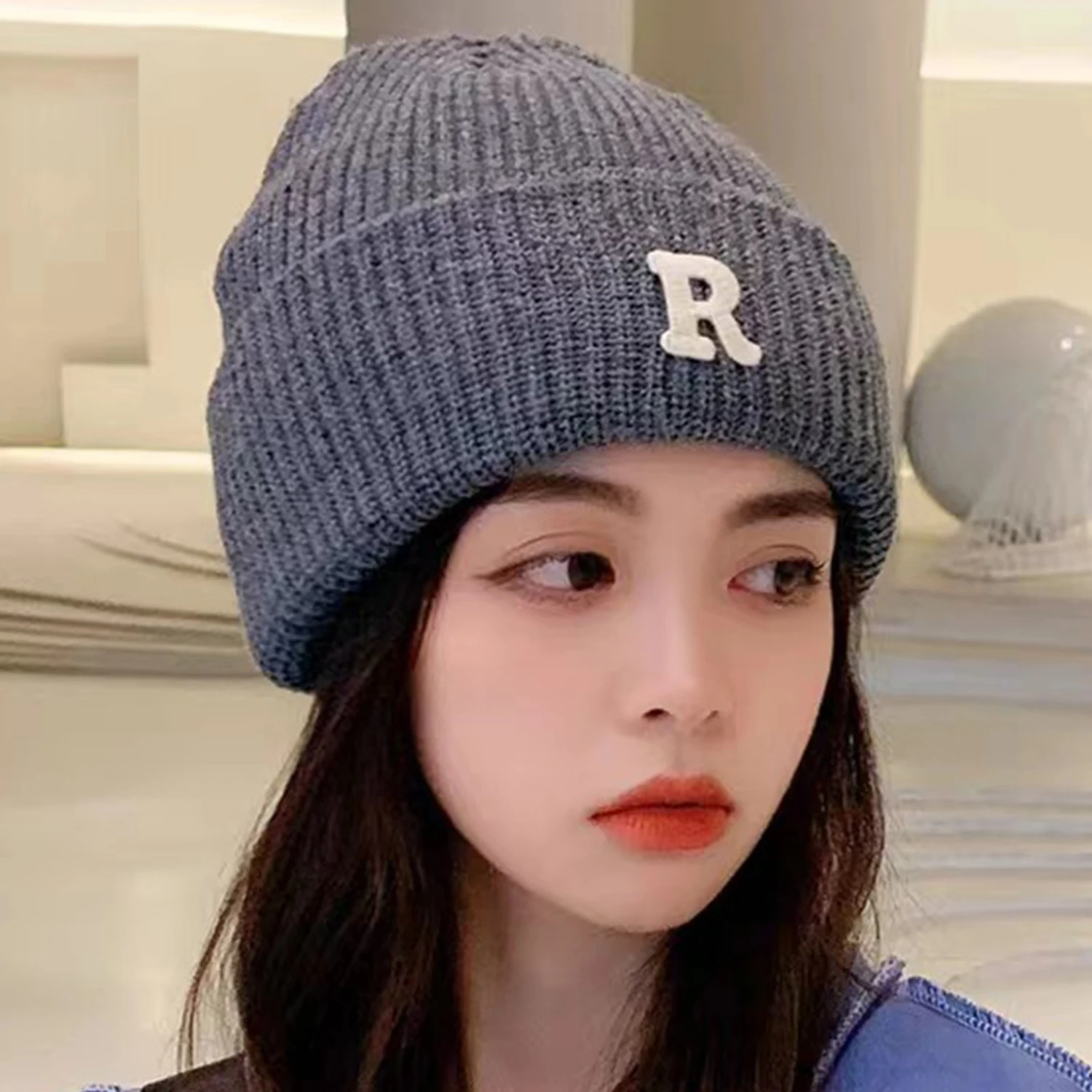 

Keep Warm Letter Knitted Beanies Autumn Winter Women Female Thick Warm Knitting Letter Bonnet Beanie Caps Outdoor Riding Sets