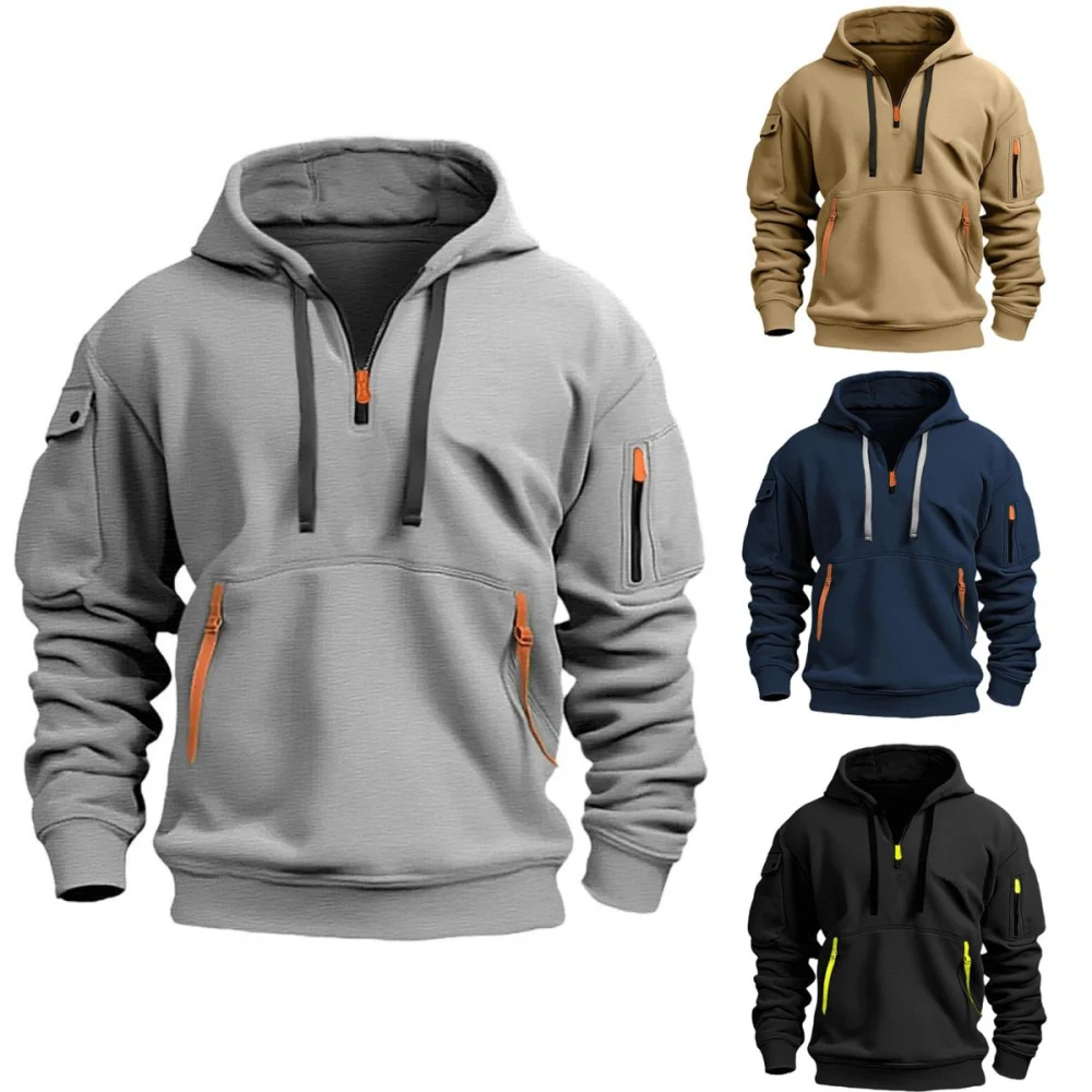New Warm and Unique Solid Color Pocket Autumn/Winter Zipper Coat  Autumn Sweater Hat Men's Clothing Women's Hooded Zipper Top 2