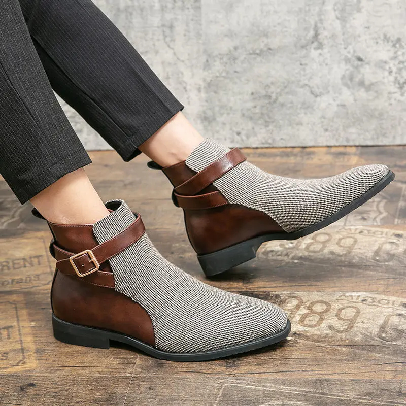 

Gray Man Chelsea Boots Vintage Man Leather Boots Buckle Men Pointed High-Top Leather Shoes Male Business Party Botas De Hombre
