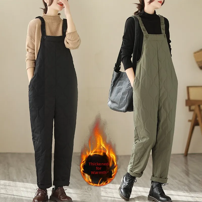 Women's Cotton Workwear Overalls Loose Casual Autumn Winter New Sle High Waist Thiened Long Pants Faionable Slimming