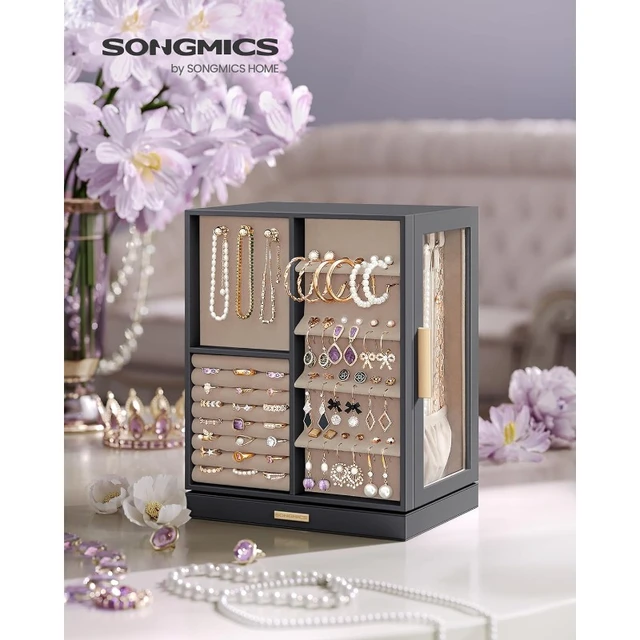 SONGMICS Joyero giratorio de 360°, estuche de almacenamiento de joyas con 5  cajones, organizador de joyas, ventana de cristal, espacioso