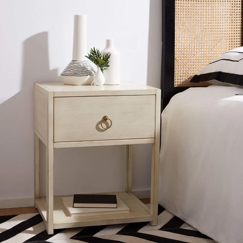 Antique White and Gold 1-Drawer Nightstand