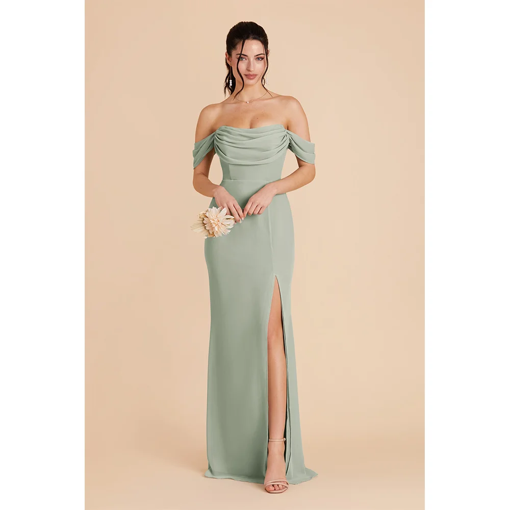 Satin Wedding Dress Bridesmaid Dresses QueensLove Wedding Dress Off the Shoulder Bridesmaid Dress High Split Party A-Line Straps Chiffon Customized