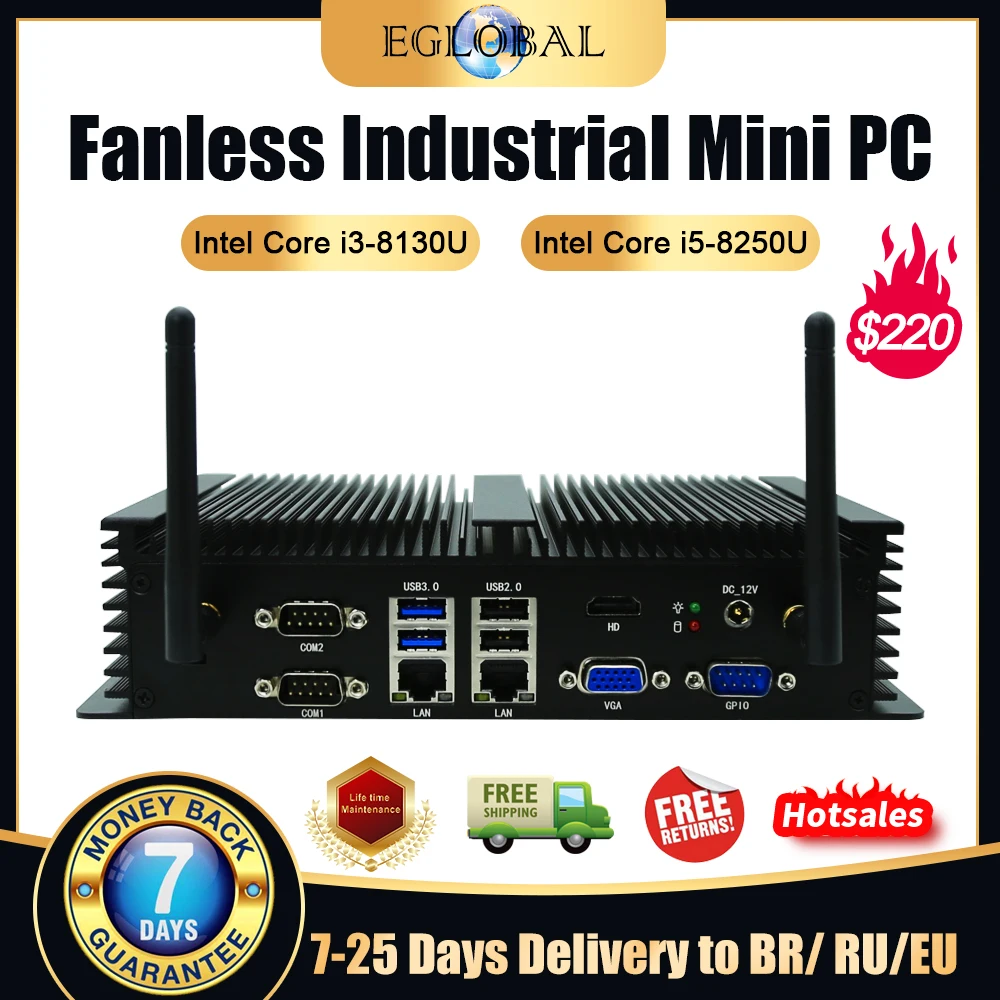 

Eglobal Cheapest Fanless Industrial Mini Computer With Intel Core i3 8130U i5 8250U 2 DDR4 256G SSD Wifi 6 Com 2Lan 2 Display