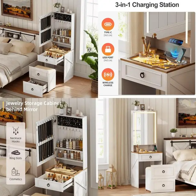 Illuminated Makeup Vanity Desk with Glass Surface and Charging Port