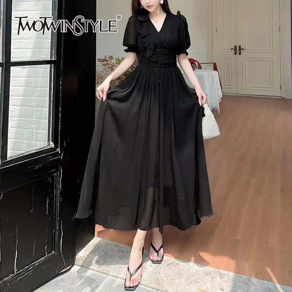

Женское платье с аппликацией TWOTWINSTYLE, однотонное элегантное платье с V-образным вырезом, коротким рукавом, высокой талией, KDR507447