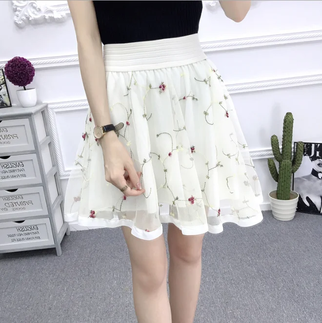 2021 New Spring Summer and Autumn Mesh Short Skirt Elastic Waist Versatile Pengpeng Skirt A-line High Waist Lace Lady Girl black mini skirt Skirts