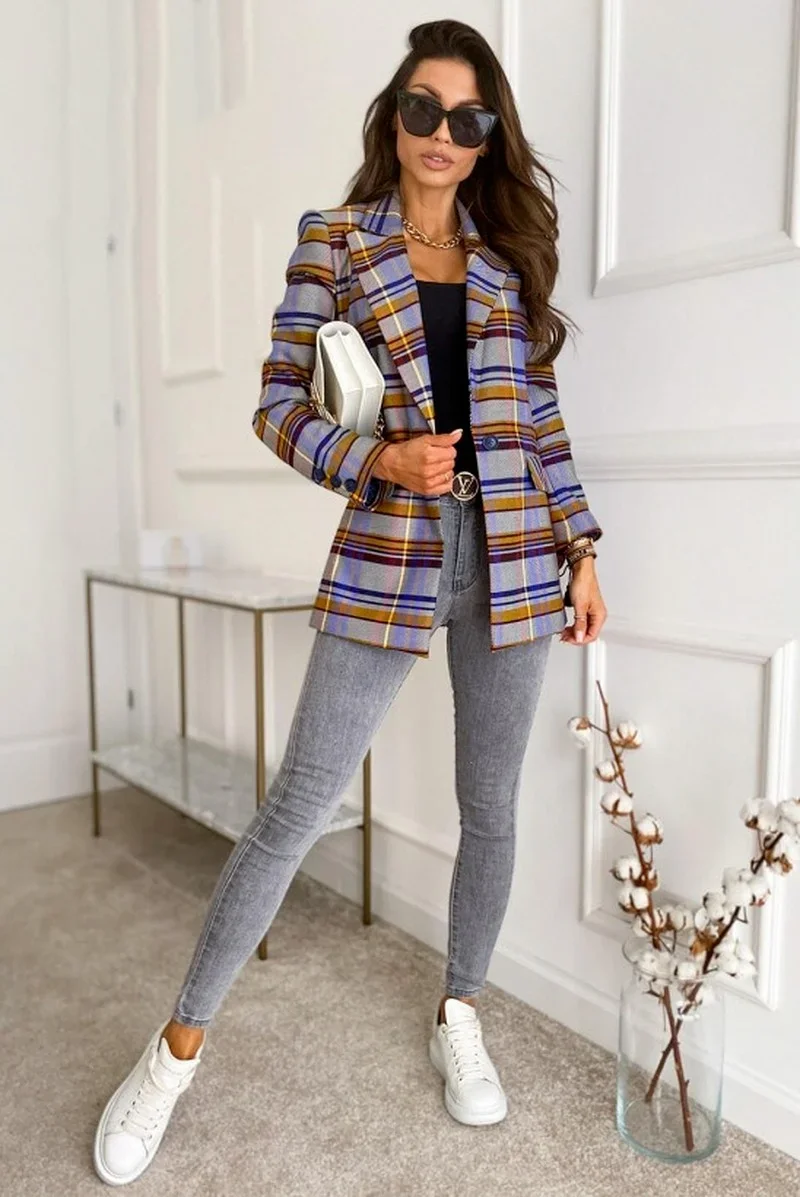 Plaid Blazer Office Lady Lapel Single Button Casual Commute Blazers Autumn Winter Slim Printed Suits Business Fashion Warm Coats