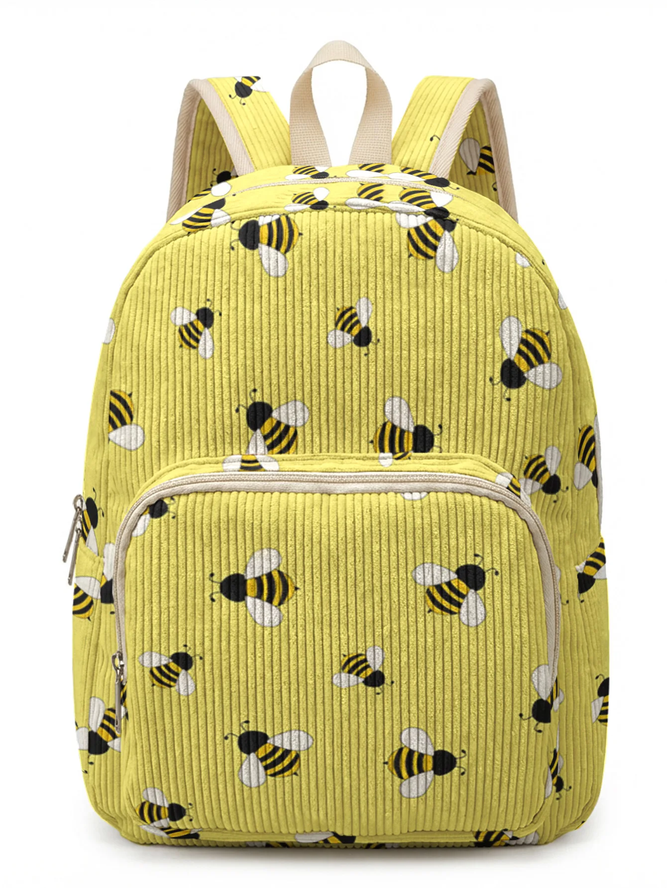 Yellow Bee Allover Print Women Fashion Backpack Corduroy Multi-pocket Large Capacity Commuter Bag 5