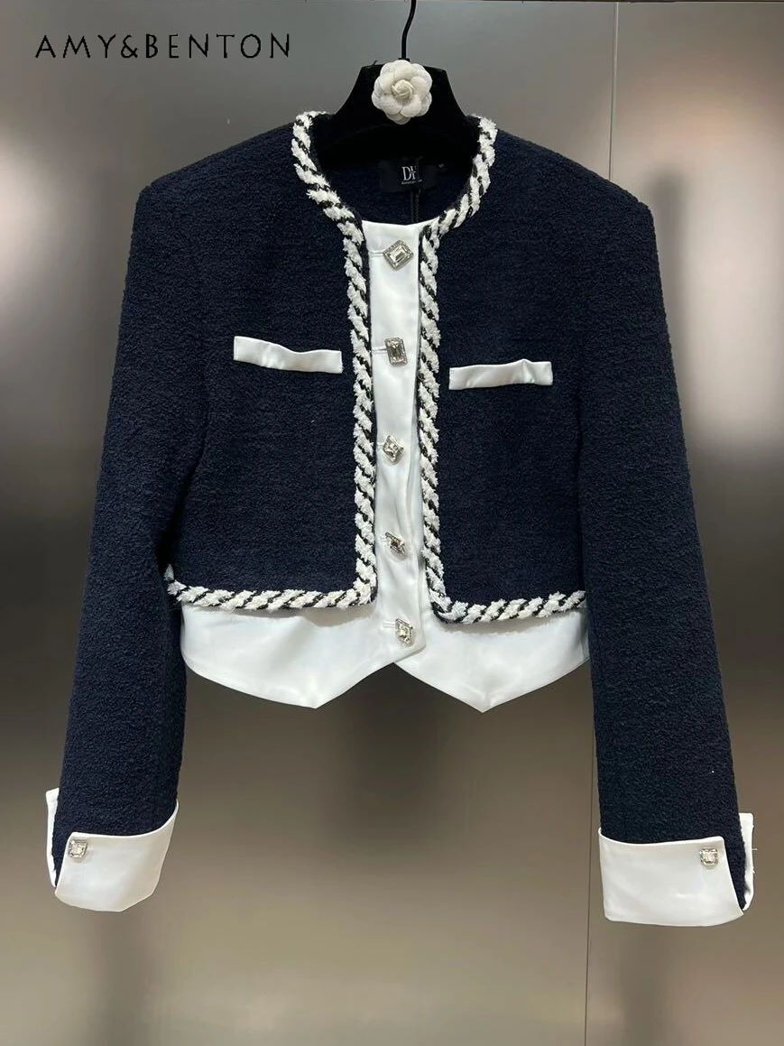

Spring New High-Grade Temperament Crew Neck Long Sleeve Coat Women Elegant Graceful Jacket Loose Slim Patchwork Short Jackets