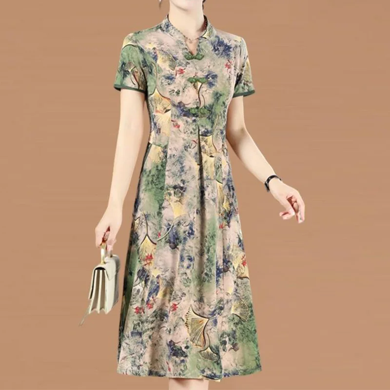 

Elegant Frog Polo-Neck Pleated Short Sleeve Summer Vintage Printing Pockets Pullover Mid Length Version A-line Dress for Women