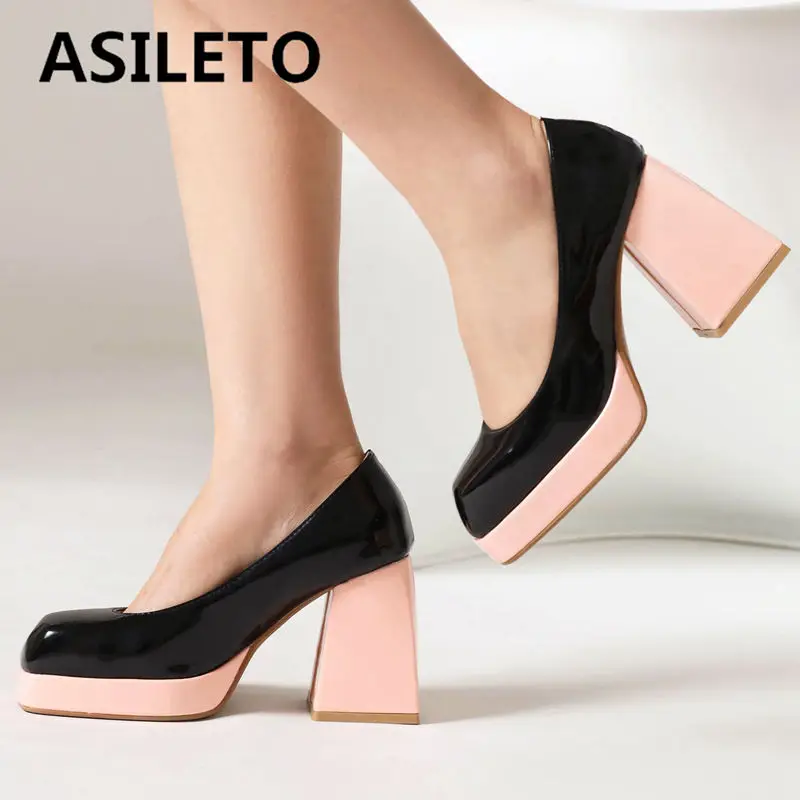 

ASILETO Office Lady Pumps Patent Leather Square Toe Block High Heel 9cm Platform 2cm Slip On Mixed Party Shoes Plus Size 44 45