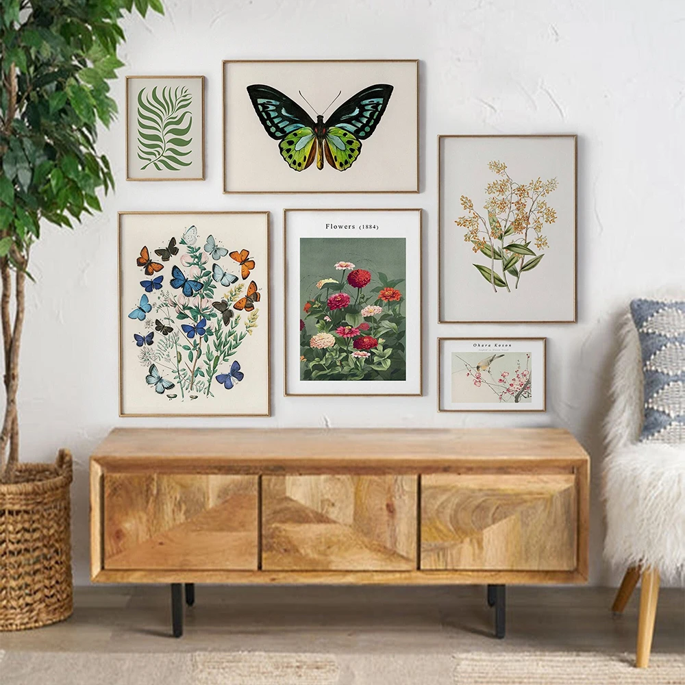 Canvas-Print-Painting-Poster-Vintage-Retro-Butterfly-Flowers-Green-Plant-American-Style-Wall ...