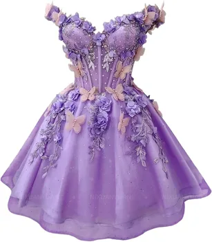 Butterfly Short Homecoming Dresses for Teens Off Shoulder Prom Dress for Quinceanera Puffy Tulle Short Prom Gown Customized 1