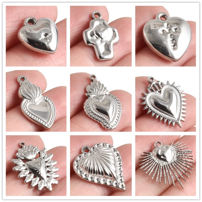 5 Stück Edelstahl-Anhänger „Heiliges Herz der Flammen“ für Schmuckherstellung, silberfarben, Charm-Halskette, Armbänder, Ohrringe