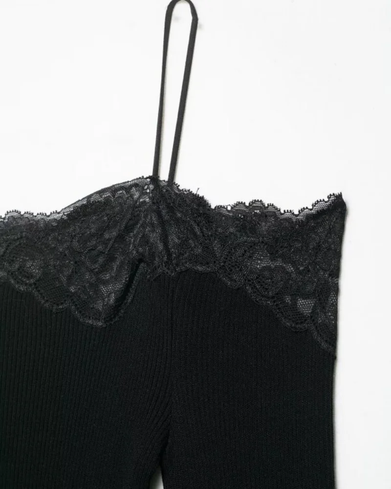 Lace Trim Off Shoulder Long Sleeve Knit Top for Women, Sexy Slim Fit Camisole, Spring Summer Casual Fashion Top