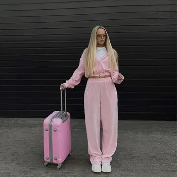 Women's Casual Suit Street Style Long Sleeve Hooded Cardigan Elastic Waist Pants Fashion Two-piece Suit 1