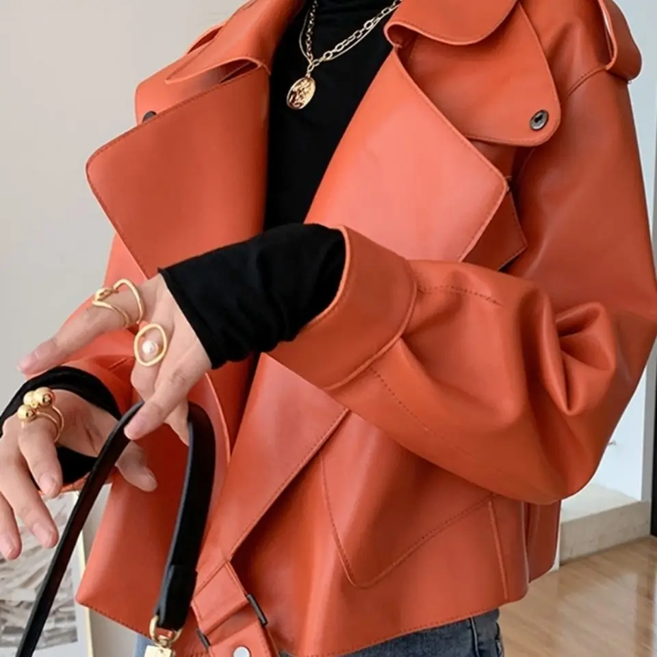 Red Leather Jacket for Ladies, Genuine Sheepskin Outerwear, Short Version, Loose Motorcycle Jacket, Spring and Autumn Tops