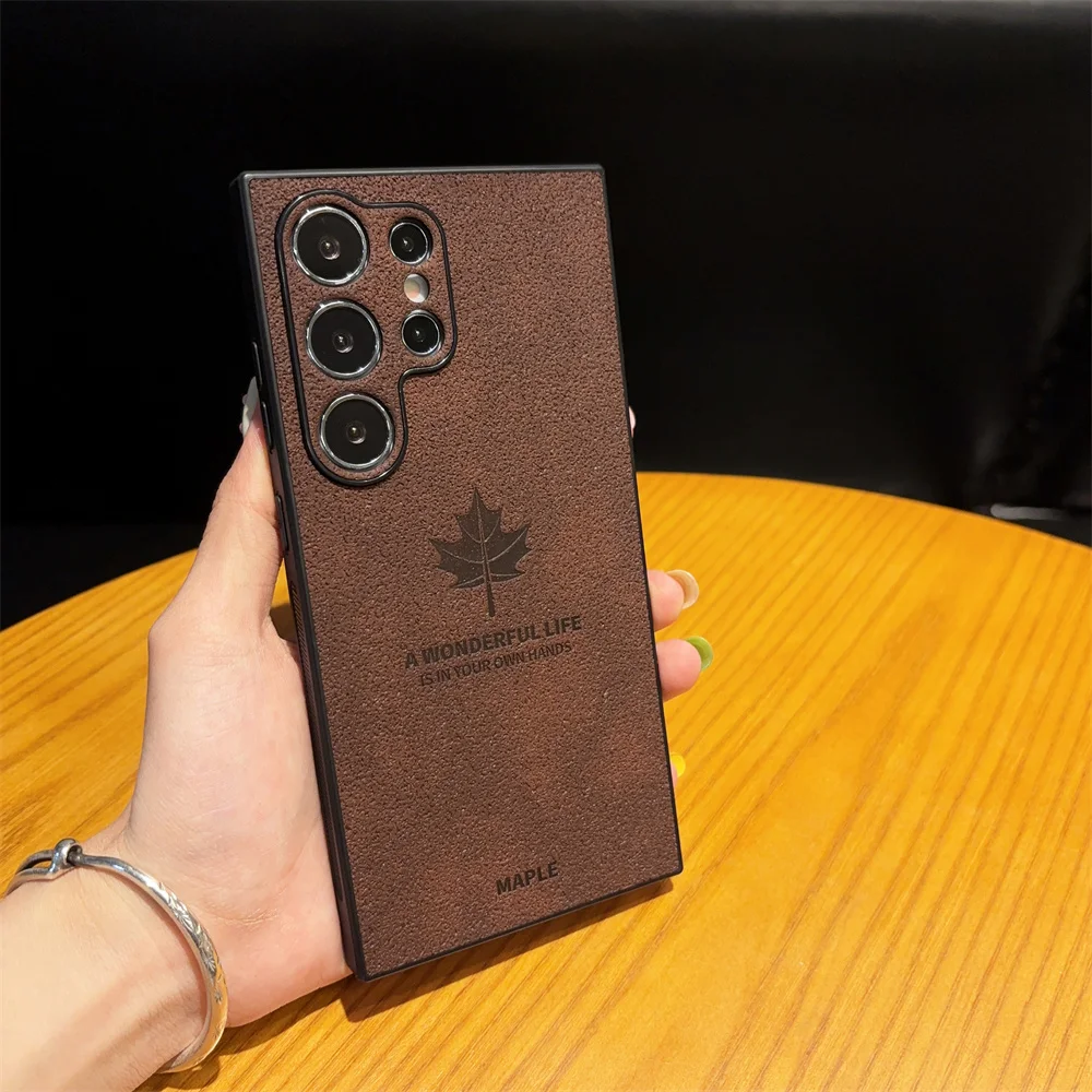 Elegant Maple Leaves Leather Phone Case with Slim Shockproof Design and Lens Protection