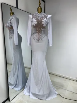 Luxury Pealrs Rhinestones Maxi Long Dress Women Elegant White Long Sleeve Wedding Evening Party Dresses Celebrity Runway Gala 1